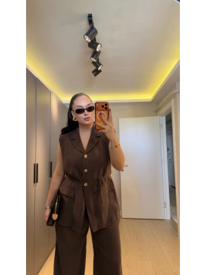 Kahverengi Premium Blazer Yelek Takım