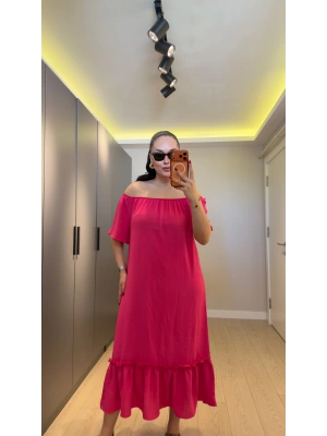 Pembe Madonna Yaka Etek Ucu Fırfırlı Elbise