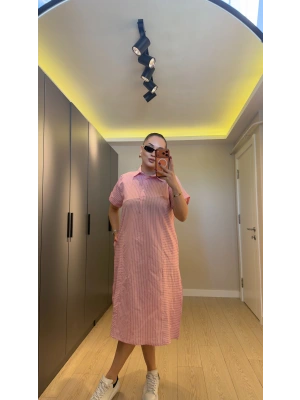 Pembe Pamuklu Çizgili Gömlek Elbise