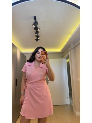 Pembe Parıltı Detaylı Kruvaze Elbise