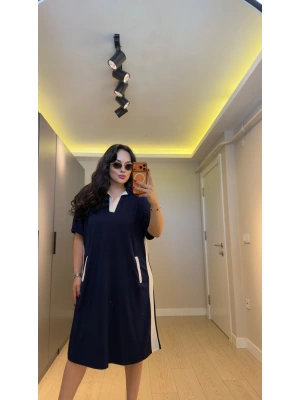 Lacivert Oysh Kumaş Beyaz Renk Bloklu Polo Yaka Elbise
