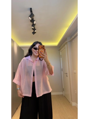 Pudra Rengi Oversize Yarım Kollu Gömlek