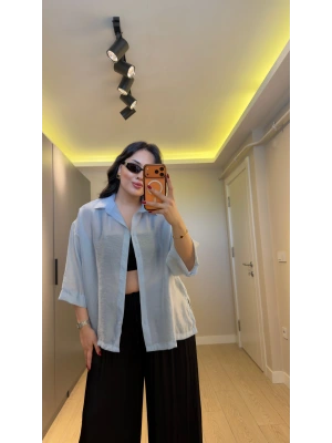 Bebe Mavi Oversize Yarım Kollu Gömlek