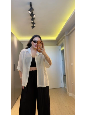 Ekru Oversize Yarım Kollu Gömlek