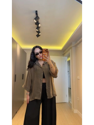 Haki Oversize Yarım Kollu Gömlek