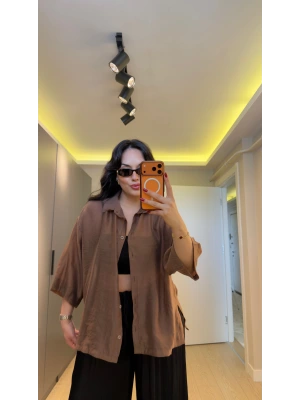 Kahverengi Oversize Yarım Kollu Gömlek