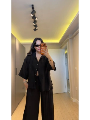 Siyah Oversize Yarım Kollu Gömlek