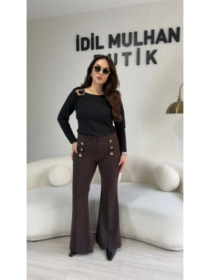Acı Kahve Gold Düğmeli İspanyol Paça Pantolon
