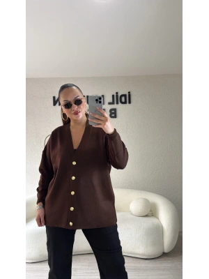 Acı Kahve Gold Düğmeli Triko Hırka