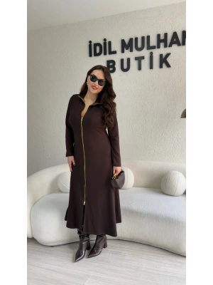 Acı Kahve Gold Fermuarlı Oysh Kumaş Elbise