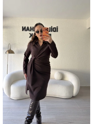 Acı Kahve Kruvaze Pile Detaylı Elbise