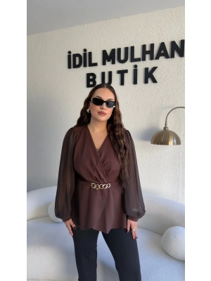 Acı Kahve Kruvaze Yaka Şifon Kollu Bluz