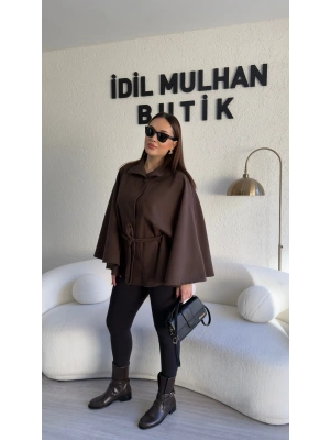 Acı Kahve Oversize Kaşe Kuşaklı Panço