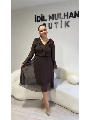 Acı Kahve Şifon Yaka Ve Kol Detaylı Elbise