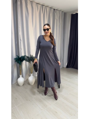 Antrasit Çift Yırtmaçlı V Yaka Sandy Elbise