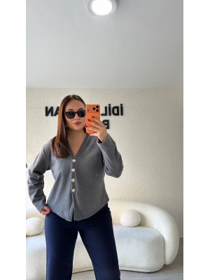 Antrasit Silver Düğmeli Triko Hırka