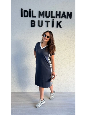 Antrasit V Yaka Yanları Şeritli Elbise
