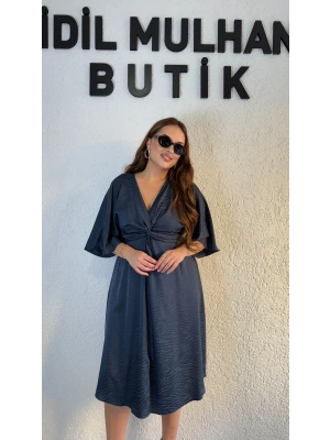 Antrasit Yarasa Kol Saten Elbise