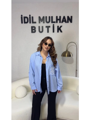 Bebe Mavisi Cebi İşlemeli Çizgili Gömlek