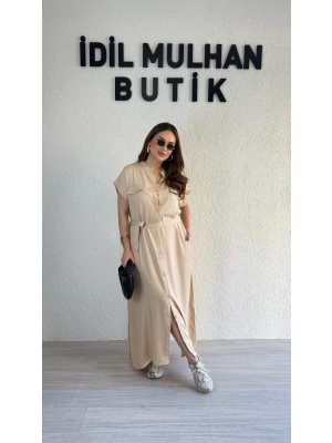 Bej Hakim Yaka Düğmeli Elbise
