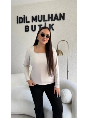Bej Kare Yaka Oysh Kumaş Bluz