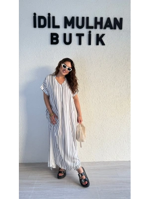 Beyaz Dikey Şeritli Pamuk Elbise