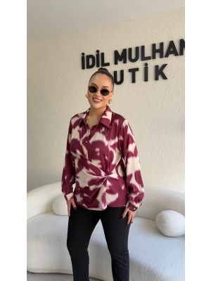 Bordo Bağlama Detaylı Batik Desenli Bluz