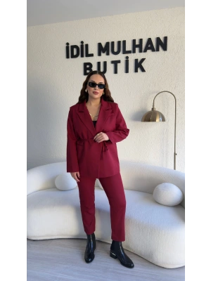 Bordo Bağlama Detaylı Kruvaze Blazer Takım