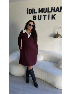 Bordo Beyaz Gömlek Yaka Elbise