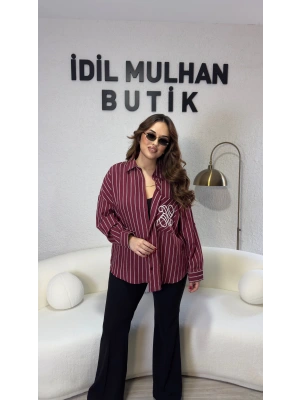 Bordo Cebi İşlemeli Çizgili Gömlek