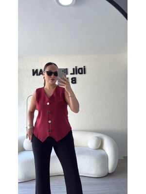 Bordo Düğme Detaylı Bluz