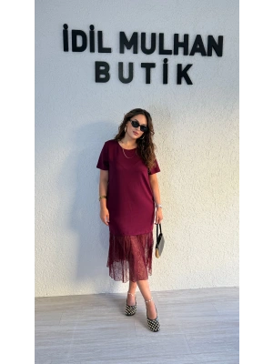 Bordo Eteği Güpürlü Elbise
