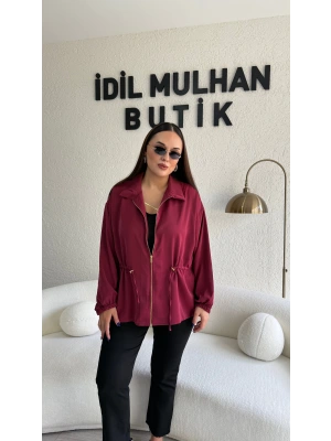 Bordo Fermuarlı Bel Büzgülü Ceket
