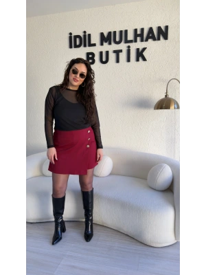 Bordo Gold Düğmeli Şort Etek