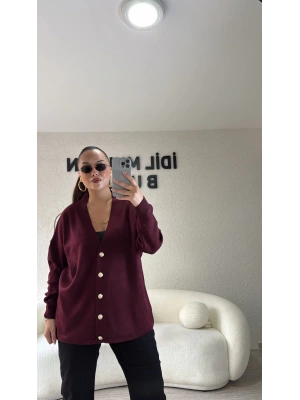 Bordo Gold Düğmeli Triko Hırka