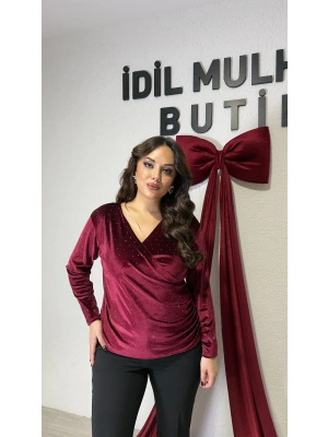 Bordo Kadife Taşlı Drapeli Bluz