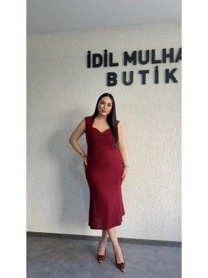 Bordo Kalp Yaka Klasik Midi Elbise