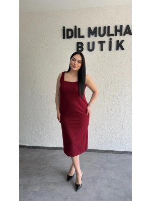 Bordo Kare Yaka Krep Elbise