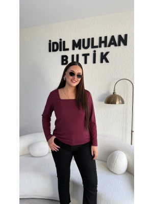 Bordo Kare Yaka Oysh Kumaş Bluz