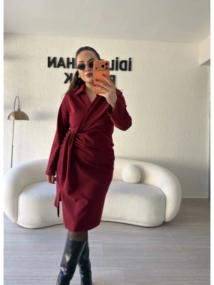 Bordo Kruvaze Pile Detaylı Elbise
