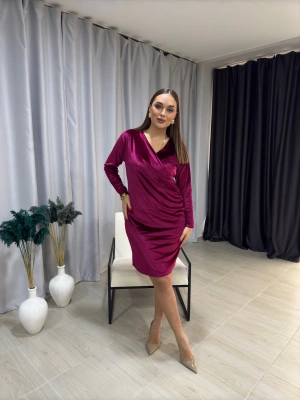 Bordo Kruvaze Yaka Kadife Elbise