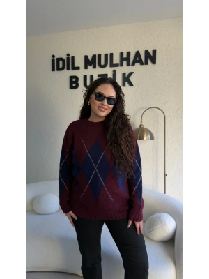 Bordo Lacivert Baklava Dilimli Kazak