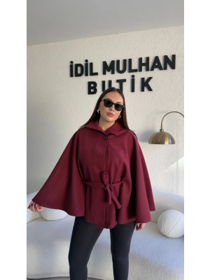 Bordo Oversize Kaşe Kuşaklı Panço