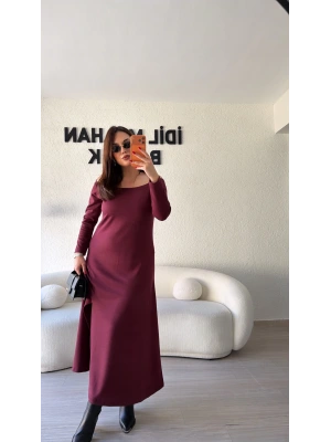 Bordo Oysh Kumaş Madonna Yaka Elbise