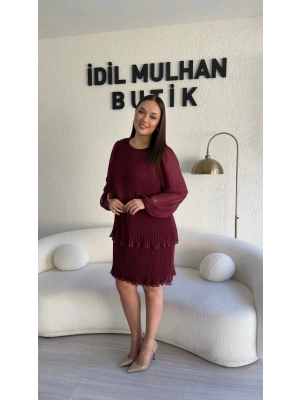 Bordo Şifon Kol Piliseli Elbise