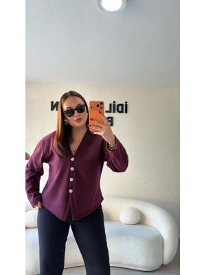 Bordo Silver Düğmeli Triko Hırka