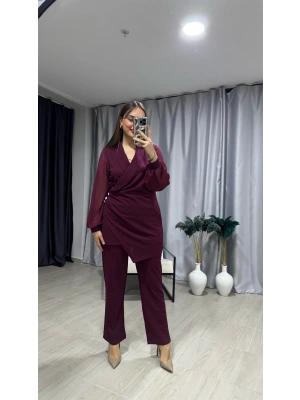 Bordo Taşlı Asimetrik Takım