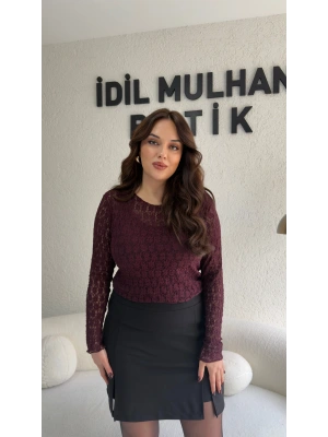 Bordo Transparan Dantel Bluz