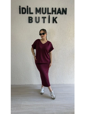 Bordo V Yaka Etekli Takım