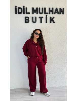 Bordo Yakası Düğmeli Büyük Beden Takım